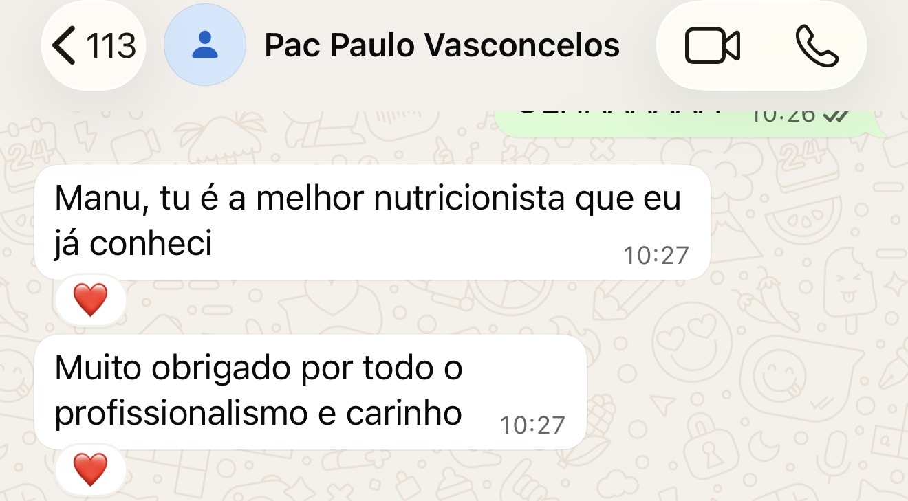 Depoimento de paciente agradecendo o acompanhamento nutricional